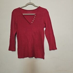 St John's Bay Women's Med Thermal 3/4 Sleeve Top Layer Buttons Cotton Blend Pink